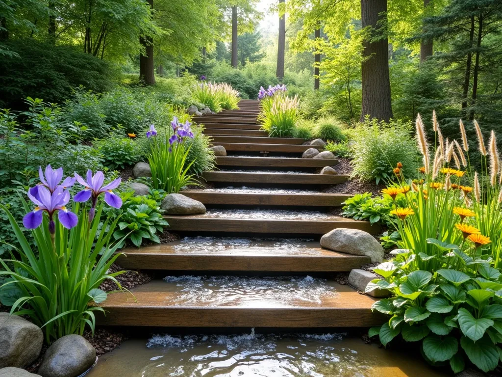 Eco-Friendly Wooden Steps with Integrated Rain Garden - A serene garden scene featuring wide wooden steps gracefully descending a gentle slope, with lush rain gardens nestled between each level. The natural-looking steps are made from weather-treated timber, with small pools and native wetland plants creating a cascading effect. Purple iris, yellow marsh marigolds, and ornamental grasses sway between the steps, while smooth river rocks line the edges. Dappled sunlight filters through overhead trees, highlighting water droplets on the foliage. The scene captures both functionality and beauty, with water naturally flowing through the terraced garden system.