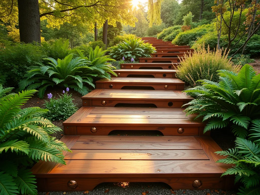 Enchanted Musical Garden Steps - A gently curving wooden garden stairway nestled between lush ferns and flowering perennials, crafted from rich cedar wood with artistic hollow treads. Each step features subtle brass chimes visible through decorative cut-outs. Golden afternoon sunlight filters through overhead trees, casting dappled shadows on the steps. Small wind catches made of copper and brass peek out between the treads, while Japanese forest grass and hostas soften the edges. The steps rise gracefully through a serene woodland garden setting, with delicate wind chimes visible beneath transparent sections of the treads.