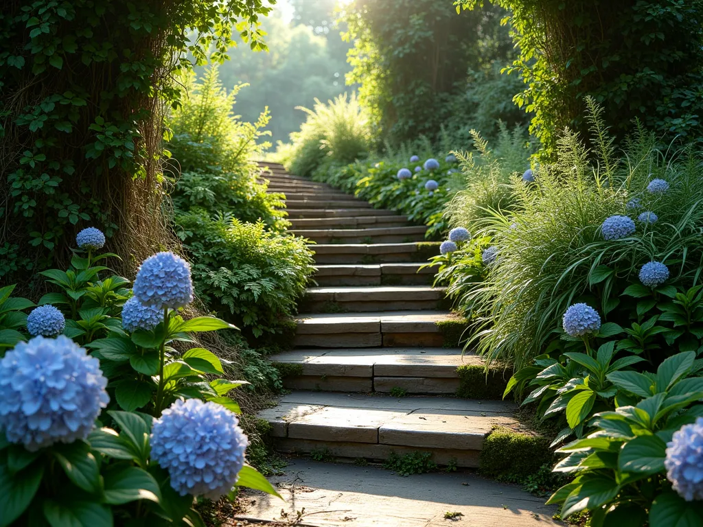 Enchanted Woodland Garden Steps - A winding wooden staircase made from weathered reclaimed timber, partially concealed by lush ferns and flowering perennials. The narrow steps curve gently upward through dappled sunlight, with moss-covered edges and climbing vines on either side. Japanese forest grass and hostas spill onto the steps, while hydrangeas and foxgloves create layers of height. The scene is captured in soft, natural lighting, creating an ethereal, mysterious atmosphere reminiscent of a secret garden passage.