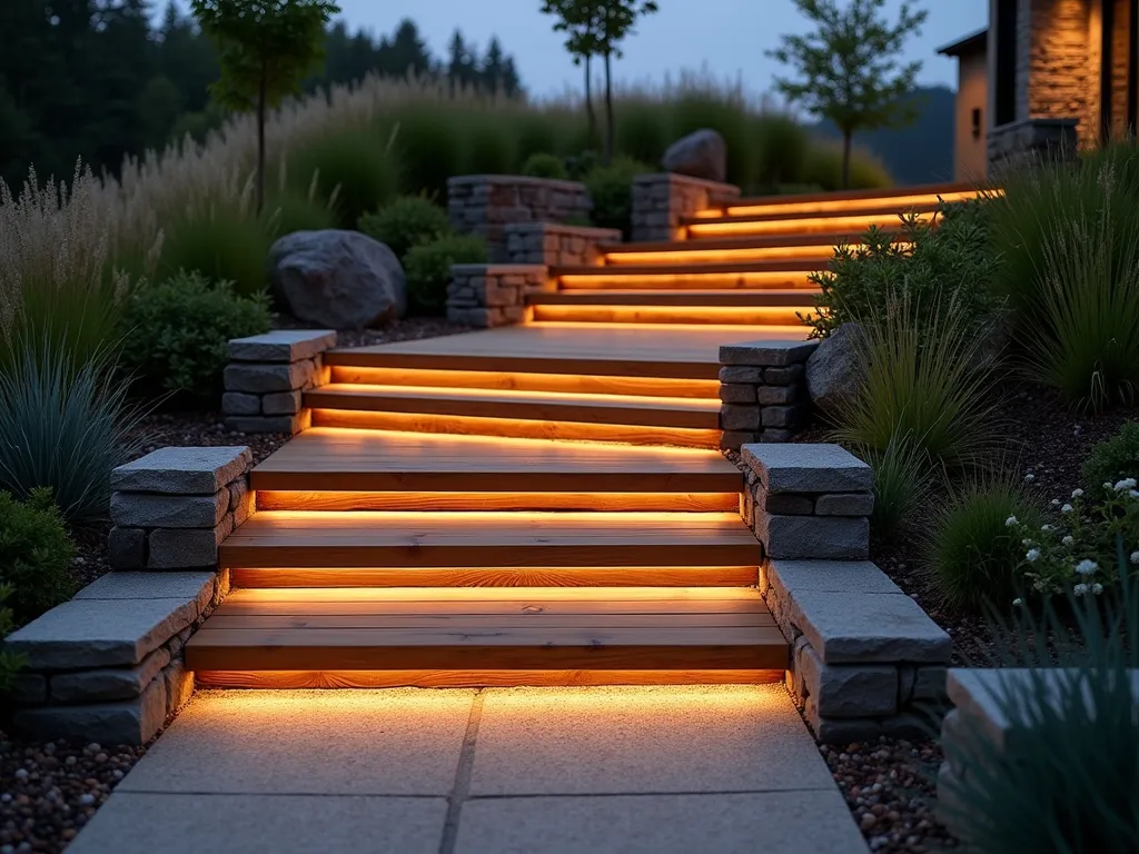 Modern Floating Timber Steps with LED Lighting - Architectural photography of modern floating wooden steps made from thick cedar planks ascending a gentle hillside garden at dusk. The steps appear to float mysteriously, illuminated by warm LED strip lighting underneath each tread casting a soft ethereal glow. The minimalist steps are surrounded by ornamental grasses and ground cover plants, with natural stone retaining walls blending into the landscape. The scene captures both modern design and organic nature, shot with dramatic lighting and shallow depth of field, photorealistic style.