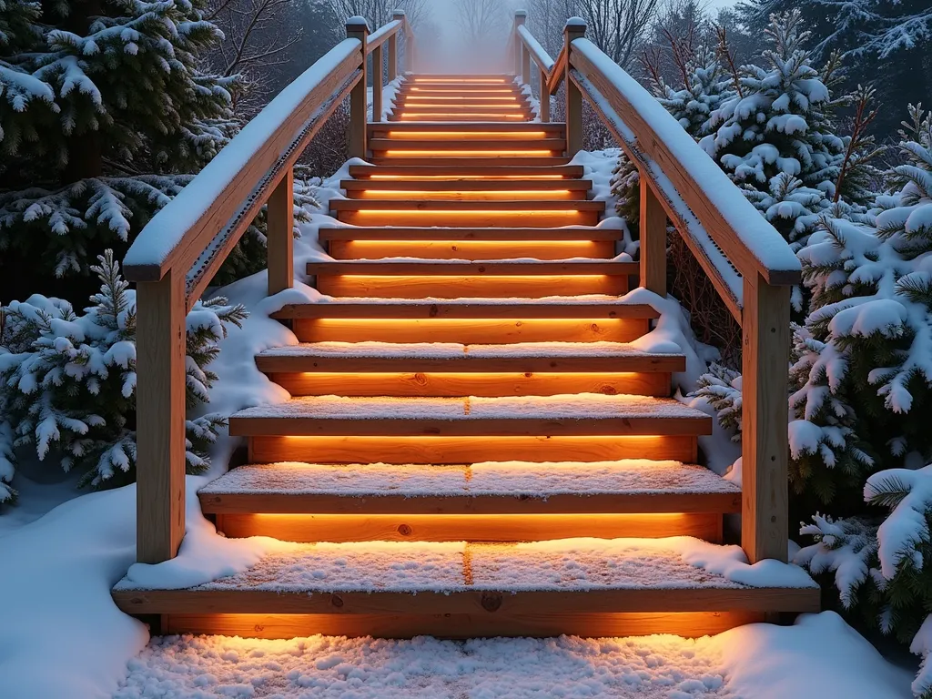 Heated Winter-Ready Wooden Garden Steps - A beautiful series of wide wooden garden steps ascending through a snowy winter garden, steam gently rising from the warm, snow-free wooden treads. The steps are made from rich cedar planks with subtle integrated lighting along the edges. A light dusting of snow covers the surrounding landscape and evergreen plants, while the steps remain completely clear due to the hidden heating elements. Warm, ambient lighting creates a cozy atmosphere in the evening setting, highlighting the natural grain of the wood and the modern engineering beneath its rustic appearance. Metal handrails with integrated heating elements flank both sides of the steps.