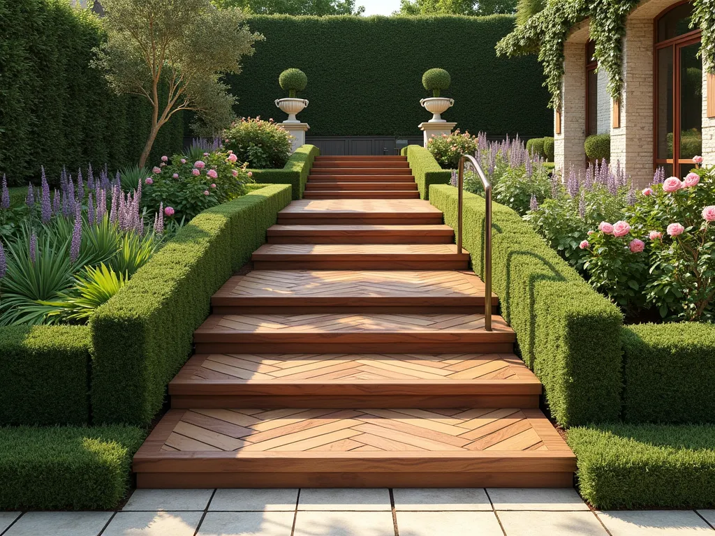 Elegant Herringbone Wooden Garden Steps - A sophisticated set of wide garden steps crafted from rich cedar wood blocks arranged in a classic herringbone pattern, surrounded by lush formal boxwood hedges and climbing roses. The steps ascend gracefully through a manicured garden, with soft morning light casting subtle shadows that highlight the intricate wooden pattern. Ornamental grasses and lavender border the edges, while a weathered bronze handrail adds vintage charm. The steps lead to an elevated garden terrace with classical stone urns visible in the background. Photorealistic, architectural detail, professional landscape photography style.