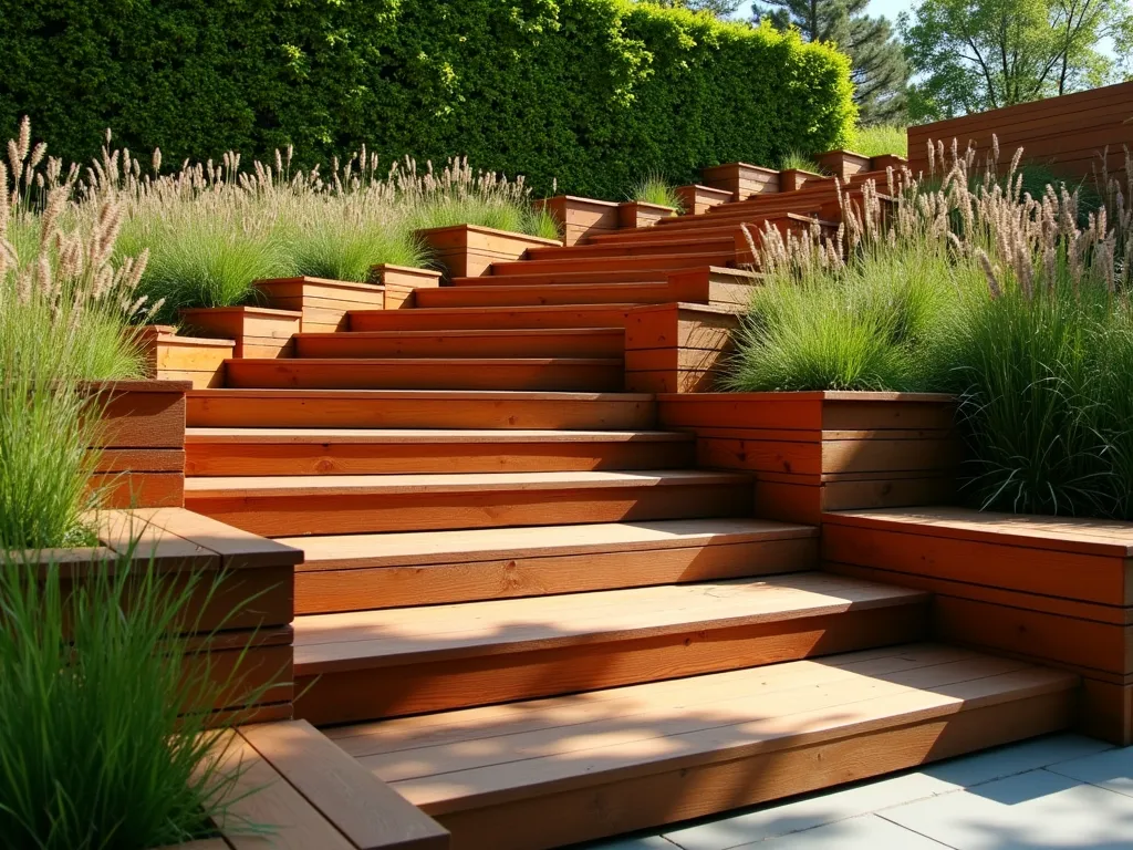 Modern Alternating Timber Block Garden Steps - A dramatic modern garden stairway featuring large, alternating cedar timber blocks creating a geometric pattern, set against a lush green background. The steps ascend gracefully with each block offset from the one below, casting dynamic angular shadows in warm afternoon light. The minimalist design is softened by ornamental grasses along the edges, while the rich wood tones contrast beautifully with surrounding greenery. Shot from a low angle to emphasize the architectural rhythm and industrial-modern aesthetic, with soft natural lighting highlighting the wood grain texture.