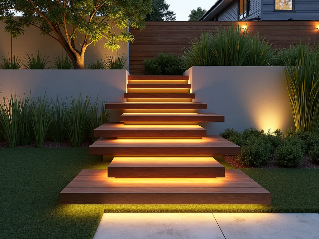 Modern Floating Cantilever Garden Steps - Elegant modern garden scene featuring dramatic cantilevered wooden steps floating from a central steel spine, surrounded by contemporary landscaping. The steps appear to hover in mid-air, crafted from rich teak wood with minimal gaps between treads. Clean architectural lines against a backdrop of ornamental grasses and Japanese forest grass. Soft lighting underneath each step creates an ethereal floating effect. Background features modern concrete retaining walls with cascading plants and strategic uplighting. Photorealistic, architectural photography style, golden hour lighting.