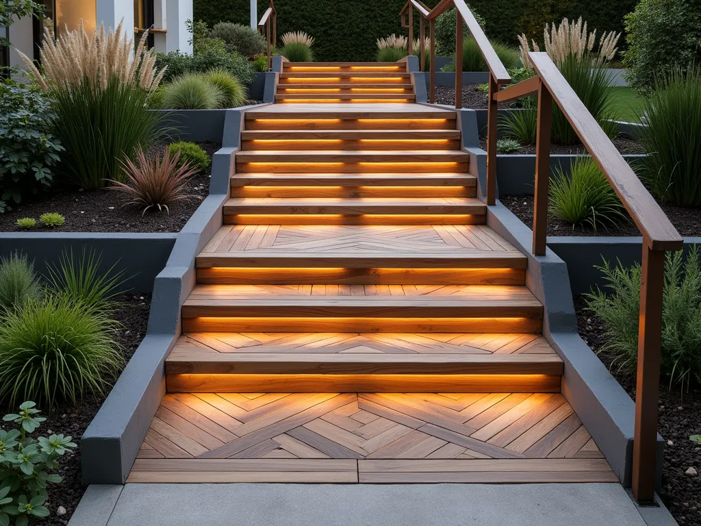 Modern Geometric Garden Steps - A stunning set of modern wooden garden steps ascending through a lush garden space, featuring an intricate geometric pattern design. Each step is crafted from alternating light and dark wood planks arranged in a mesmerizing herringbone and diamond pattern. The steps are wide and inviting, flanked by modern landscaping with ornamental grasses. Soft evening lighting illuminates the artistic wood grain patterns, creating subtle shadows that enhance the geometric designs. The contemporary stairs are bordered by sleek metal railings and surrounded by minimalist garden beds with architectural plants.