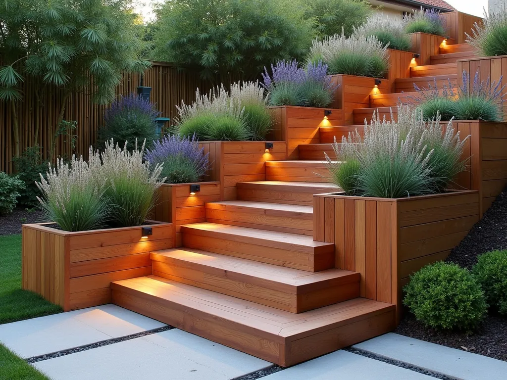 Modern Nested Box Garden Steps with Integrated Planters - A stylish modern garden scene featuring a series of nested wooden box steps ascending a gentle slope, each step crafted from rich cedar timber. The boxes decrease in size as they ascend, creating a mesmerizing geometric pattern. Built-in planters around each step overflow with ornamental grasses, lavender, and cascading creepers. Soft evening lighting illuminates the architectural steps, casting gentle shadows that highlight the clean lines and natural wood grain. The background shows a contemporary minimalist garden with bamboo screening.