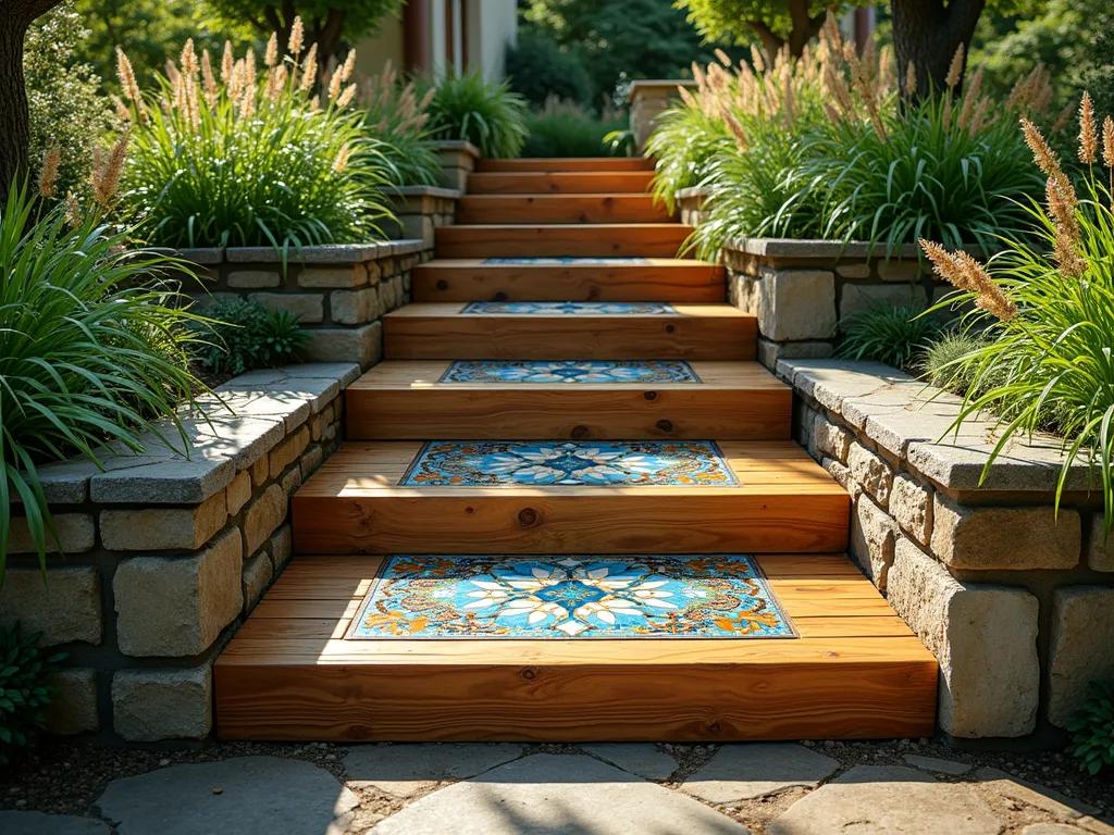 Enchanting Mosaic Garden Steps - A set of elegant wooden garden steps with intricate mosaic inlays in vibrant blues, greens, and amber tones, creating a mesmerizing mandala pattern on each step tread. The rich, warm-toned cedar wood steps are surrounded by lush greenery and flowing ornamental grasses. Soft afternoon sunlight casts dappled shadows across the steps, making the glass and ceramic mosaic tiles sparkle. The steps appear to be sealed with a glossy finish, highlighting both the natural wood grain and the colorful inlay work. Stone planters with cascading flowers flank both sides of the steps, creating a magical garden pathway.