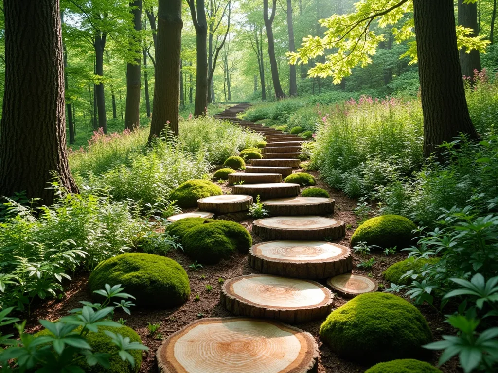 Enchanting Log Slice Garden Steps - A magical woodland garden path made of thick, cross-cut log slices embedded into a gentle slope, creating natural steps. The log rounds vary in size from 18 to 24 inches in diameter, showing beautiful tree ring patterns. Soft moss grows around the edges of each step, while delicate ferns and woodland wildflowers line the path. Dappled sunlight filters through towering maple trees overhead, creating a enchanting forest atmosphere. The steps are arranged in a gentle, meandering pattern, leading up a subtle incline through a lush, naturalistic garden setting. Weathered log steps have a rustic, organic appearance with rich wood tones.