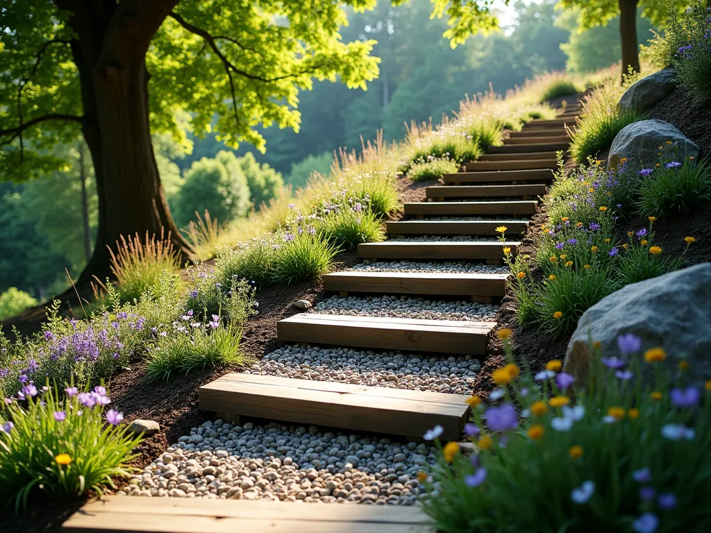 Rustic Railroad Tie Garden Steps with Planted Terraces - A photorealistic landscape photograph of a gently curving garden stairway made from weathered railroad ties, ascending a steep hillside. Each broad step creates a deep terrace filled with cascading plants and decorative gravel. Purple creeping phlox and yellow sedum spill over the edges, while ornamental grasses add height and movement. Natural stone gravel lines the pathway portion of each step. Dappled sunlight filters through mature trees above, creating a warm, enchanting atmosphere. The steps are expertly engineered into the hillside, showing professional landscaping techniques with perfect spacing and grading.