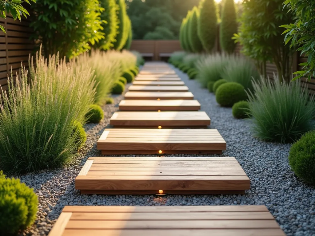 Modern Reversible Wooden Step Tiles with Zen Garden Border - A pristine garden pathway featuring elegant modular wooden step tiles in rich teak, arranged in a contemporary geometric pattern, surrounded by fine gravel and ornamental grasses. Each tile is perfectly spaced and elevated slightly above ground, creating a floating effect. Small LED lights illuminate the edges, while Japanese forest grass and dwarf bamboo provide a lush border. Photographed in warm afternoon light with shallow depth of field, 4k quality, architectural style.