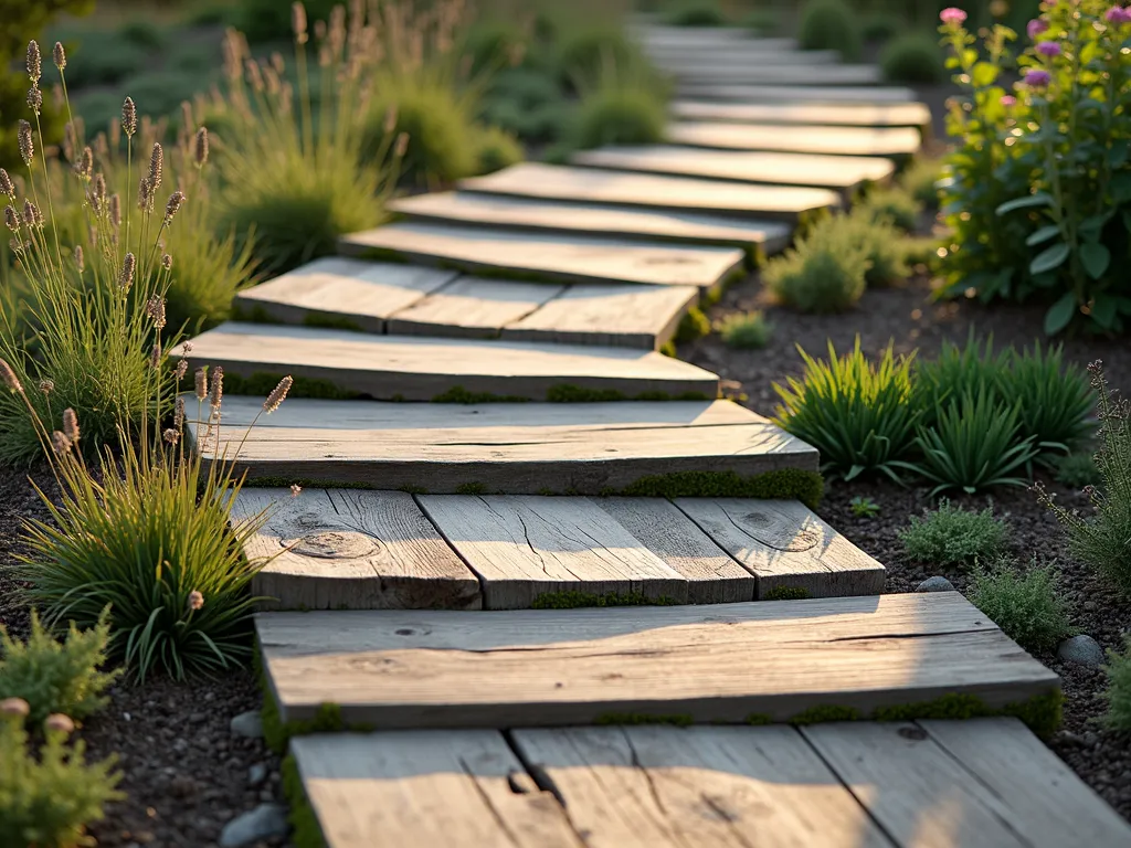 Rustic Reclaimed Barn Wood Garden Steps - A gently curving garden path made of wide, weathered barn wood planks arranged as steps ascending a slight hill, each plank showing rich patina and natural aging. The steps are surrounded by natural landscaping with wispy ornamental grasses and wildflowers. Soft evening light highlights the wood's authentic texture and warm tones, while moss growing along the edges adds character. The steps are anchored by natural stone borders and lead toward a charming garden area, creating a perfect blend of rustic charm and natural beauty.