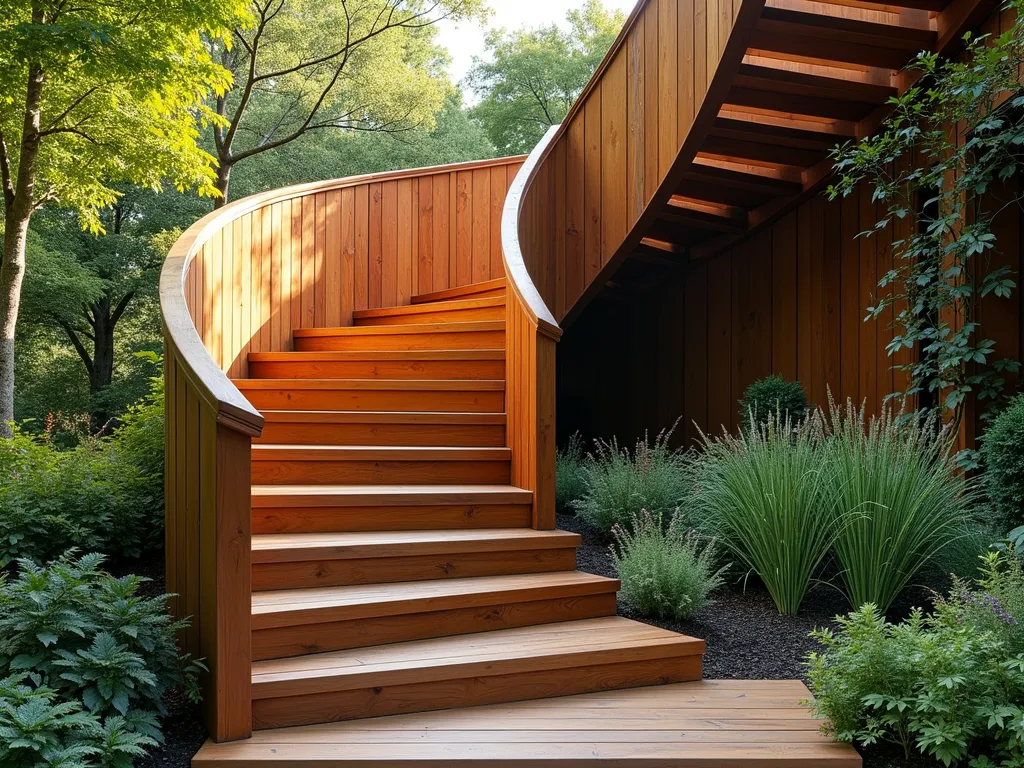 Enchanting Spiral Wooden Garden Steps - A graceful spiral wooden staircase ascending through a lush garden setting, crafted from rich cedar wood with curved treads and elegant handrails. The steps wind upward in a perfect helix, surrounded by ornamental grasses and climbing vines. Natural light filters through overhead trees, creating dappled shadows on the weathered wood. Terraced garden beds follow the curve of the stairs, filled with flowering perennials and ferns. The design showcases modern architectural elements while maintaining an organic, natural feel. Shot from a slight low angle to emphasize the dramatic spiral and vertical movement, with soft evening lighting casting warm tones on the wooden structure.