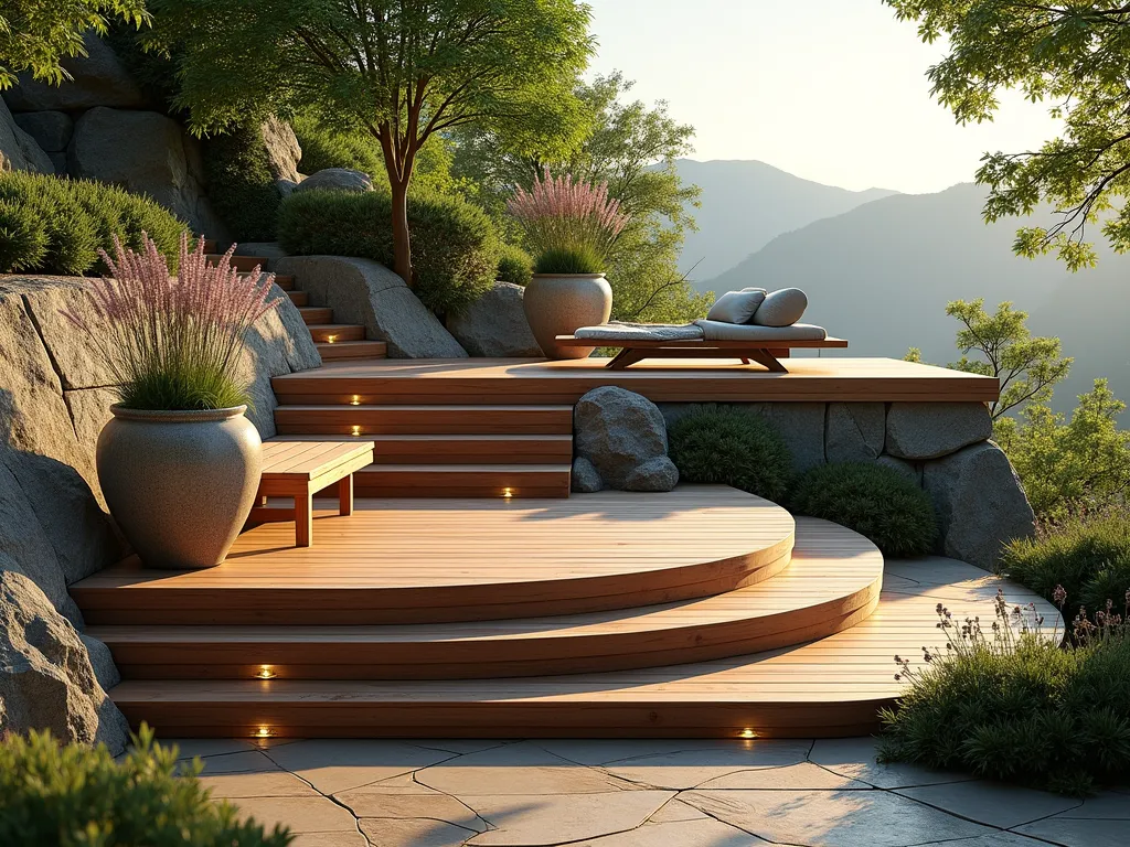 Elegant Split-Level Garden Landing with Mountain Views - A tranquil garden scene featuring wide wooden split-level platforms crafted from rich cedar planks, cascading down a steep hillside. The platforms are connected by short, broad steps with subtle integrated lighting. Each landing is adorned with large weathered pottery containing ornamental grasses and lavender. Natural stone retaining walls flank the sides, with climbing jasmine adding soft texture. A comfortable wooden bench on the main landing creates a peaceful meditation spot, overlooking a distant mountain vista. Late afternoon sunlight casts warm shadows across the wooden surfaces, while Japanese maples provide dappled shade. Photorealistic, architectural photography style.