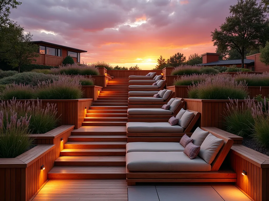 Tiered Sunset Garden Steps with Built-in Loungers - A beautifully crafted wide wooden garden staircase with integrated reclining backrests, oriented towards a spectacular sunset view. The steps are made from rich cedar wood, arranged in an amphitheater-style semicircle, featuring comfortable built-in loungers with weathered cushions in warm earth tones. Ornamental grasses and lavender border the sides, creating a natural frame. The steps descend gracefully through a terraced garden, with soft landscape lighting integrated into the risers. The scene is captured during golden hour, with a dramatic orange and purple sunset sky in the background, casting warm light across the wooden surfaces. The design combines modern architectural elements with natural materials, creating an inviting outdoor living space perfect for sunset viewing.