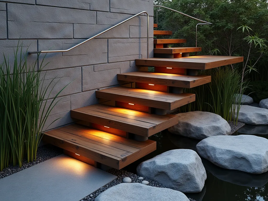 Modern Suspended Cable Wood Steps - Elegant floating wooden garden steps made of rich teak planks, suspended by sleek stainless steel cables against a contemporary stone wall, surrounded by ornamental grasses and bamboo. The steps appear to hover weightlessly, ascending through a zen garden setting with smooth river rocks below. Soft ambient lighting creates dramatic shadows in the evening atmosphere, highlighting the minimal industrial design contrasting with the natural wood grain. Ultra-realistic 4K photography, architectural visualization.