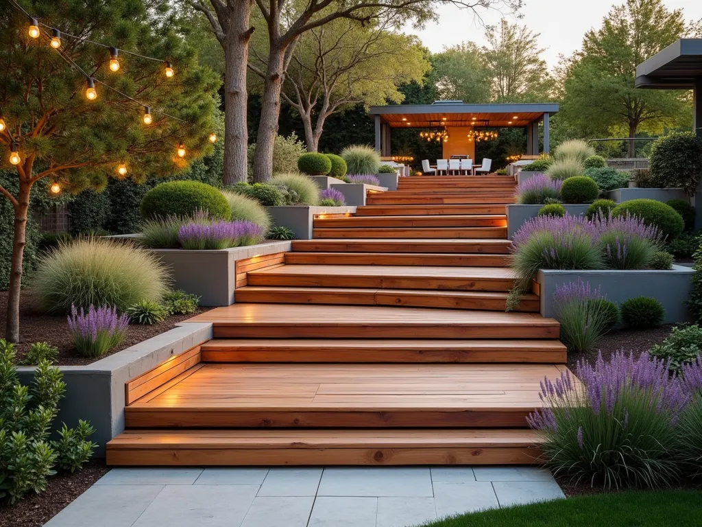 Tiered Wooden Garden Steps with Built-in Seating - A stunning wide-set wooden garden staircase with integrated bench seating, crafted from natural cedar wood. The steps cascade down a gentle slope in a modern terraced design, featuring extra-deep treads that double as comfortable seating areas. String lights are draped overhead, creating a warm ambiance. Ornamental grasses and lavender plants soften the edges of each step. The steps are surrounded by lush greenery and lead to a cozy patio area. The scene is captured during golden hour, with soft natural lighting highlighting the warm tones of the wood and creating an inviting atmosphere perfect for outdoor entertaining.