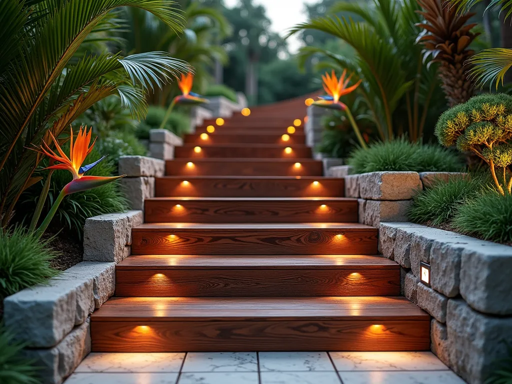 Elegant Tropical Hardwood Garden Steps - Professional photograph of luxurious wide garden steps made from rich, dark-toned ipe hardwood, featuring striking wood grain patterns. The steps gracefully ascend through a lush tropical garden setting with natural stone borders. Palm fronds and colorful bird of paradise flowers frame the sides, while integrated LED lighting subtly illuminates each step. The wood has a subtle, natural sheen in the soft evening light, highlighting its exotic grain patterns. Photorealistic, 4k, architectural photography style.