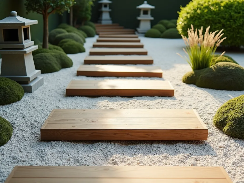 Tranquil Zen Garden Steps with Cypress Wood - A serene Japanese-inspired garden path with wide cypress wooden steps floating over a bed of white raked gravel. The minimalist steps are evenly spaced, creating a rhythmic ascent through a peaceful garden setting. Soft moss grows along the edges, while ornamental grasses and a single Japanese maple provide subtle organic touches. The scene is captured in soft natural lighting, emphasizing the natural grain of the wood and the precise patterns in the gravel. Stone lanterns flank the path, creating a meditative atmosphere.