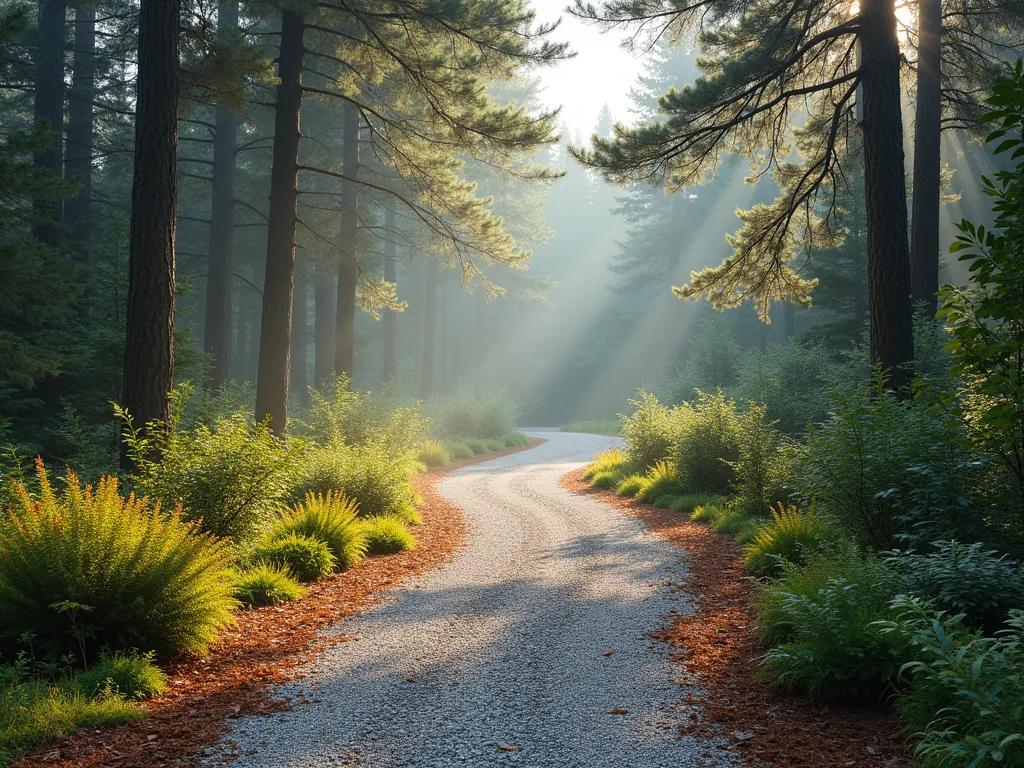 Pine Needle and Crushed Stone Forest Path - A winding garden path through a serene woodland setting, where crushed light gray stone is naturally blended with fallen auburn pine needles creating a soft, textured surface. Dappled sunlight filters through a canopy of tall pine trees, casting gentle shadows on the path. The path edges are softly defined with native ferns and moss patches. A atmospheric morning mist hovers slightly above the ground, photorealistic, high detail, f/2.8, soft natural lighting