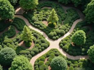 Aerial Hillside Woodland Layout - Birds-eye view of a terraced woodland garden showing multiple levels connected by curved pathways, featuring patches of shade-loving perennials and scattered ornamental trees