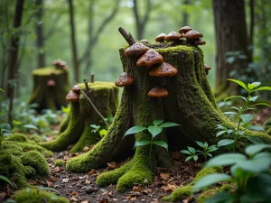 Ancient Woodland Character - Atmospheric shot of an established woodland garden with ancient tree stumps covered in fungi and moss, surrounded by shade-loving woodland plants