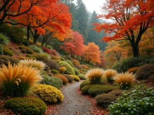 Autumn Woodland Slope - A hillside woodland garden in fall colors, featuring Japanese forest grasses, autumn ferns, and maple trees in brilliant orange and red hues