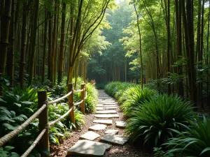 Bamboo-Edged Forest Path - Mysterious pathway lined with bamboo stakes and rope, leading through a shaded woodland garden with hostas and Japanese forest grass