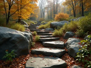 Natural Boulder Path - Wide-angle view of large natural boulder steps creating a pathway through native woodland plants and fall foliage