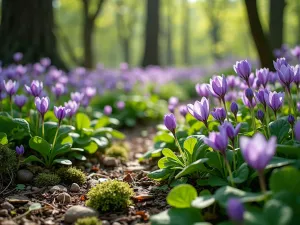 Compact Forest Floor - Close-up view of a layered woodland garden floor with wild violets, wood anemones, and emerging hostas creating a tapestry of foliage and flowers beneath deciduous trees