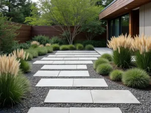 Contemporary Woodland Walk - Wide-angle view of modern concrete pavers set in gravel, surrounded by architectural plants and ornamental grasses