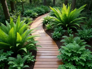 Elevated Woodland Boardwalk - Aerial view of a raised wooden boardwalk path through a woodland garden, surrounded by tall ferns and shade-loving perennials