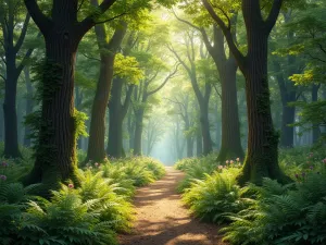 Enchanted Forest Path - A winding garden path through tall native trees, lined with ferns and woodland flowers, dappled sunlight filtering through the canopy creating magical light patterns, photorealistic