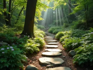 Enchanted Woodland Path - A winding natural stone path through a dappled woodland garden, lined with native ferns, moss-covered rocks, and flowering wood anemones. Filtered sunlight creates magical light patterns on the ground