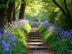 Fairy Tale Forest Path - Enchanting narrow path with weathered stone steps, lined with blooming hellebores and woodland bluebells in dappled shade