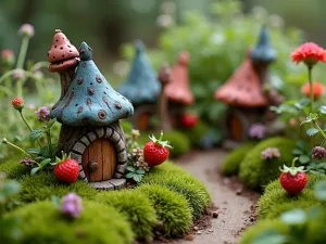 Fairy Woodland Garden - Close-up of a whimsical woodland garden corner with miniature fairy houses nestled among tiny creeping thyme, Irish moss, and woodland strawberries