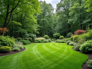 Forest Edge Garden - Wide shot of a transitional garden space where manicured lawn meets natural woodland, featuring graduated heights of shrubs and perennials