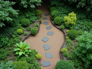 Forest Floor Haven - Aerial view of a woodland garden clearing with circular stepping stones, surrounded by shade-loving perennials and native groundcovers in various heights