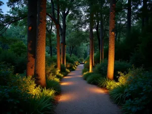 Forest Garden Lighting - Evening scene of a woodland garden path illuminated by subtle landscape lighting, highlighting tree trunks and creating magical shadows