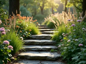 Forest Garden Steps - Natural stone steps winding through a woodland garden, bordered by hardy geraniums and golden Japanese forest grass, morning light