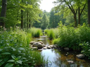 Forest Rain Garden - Wide angle view of a woodland rain garden with native wetland plants and strategic water management features