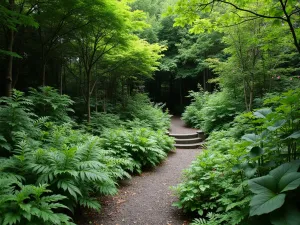 Forest Understory Garden - Close-up of a layered understory garden featuring shade-loving shrubs, ferns, and woodland perennials in various heights