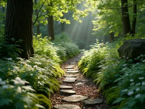 Intimate Woodland Path - A small winding path through a shaded woodland garden, lined with native ferns, moss-covered stones, and delicate white woodland anemones. Dappled sunlight filters through the canopy above, creating natural spotlights on the ground