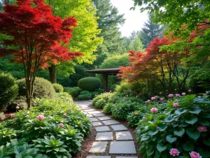 Layered Woodland Border - Wide angle view of a woodland garden border with tall Japanese maples, medium height rhododendrons, and ground cover of hellebores and cyclamen