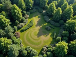 Layered Woodland Design - Aerial view of a woodland garden showcasing distinct layers: tall trees, understory shrubs, and ground cover plants creating a natural ecosystem, realistic style