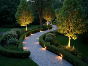 Illuminated Woodland Trail - Aerial view of a curved garden path with soft landscape lighting along the edges, weaving through a canopy of mature trees