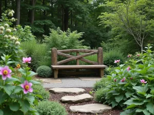 Miniature Woodland Retreat - A cozy corner of a small woodland garden featuring a rustic wooden bench surrounded by hellebores, wood sorrel, and Japanese forest grass. Natural stone steps lead to the seating area