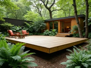 Modern Woodland Retreat - Contemporary wooden deck platform floating above a woodland garden floor, surrounded by architectural ferns and modern sculptural elements