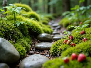 Moss Garden Feature - Close-up of a peaceful moss garden with various moss species, small ferns, and scattered woodland strawberries among natural stones