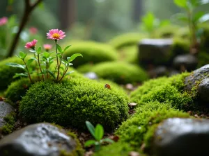 Moss Garden Sanctuary - Close-up of a lush moss garden with various textures and shades of green, small woodland flowers peeking through, natural stone features, morning dew drops glistening