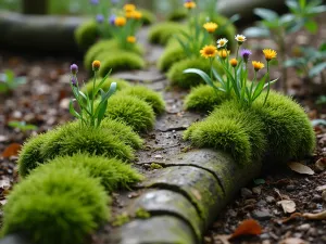 Moss-Covered Log Path - Close-up view of a natural pathway made from reclaimed logs, covered in emerald moss, with tiny woodland flowers peeking through